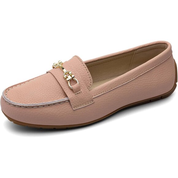 Kordal Women's Pink Leather Gold Accent Buckle Slip-Ons Walking Flats Loafers - Picture 2 of 9